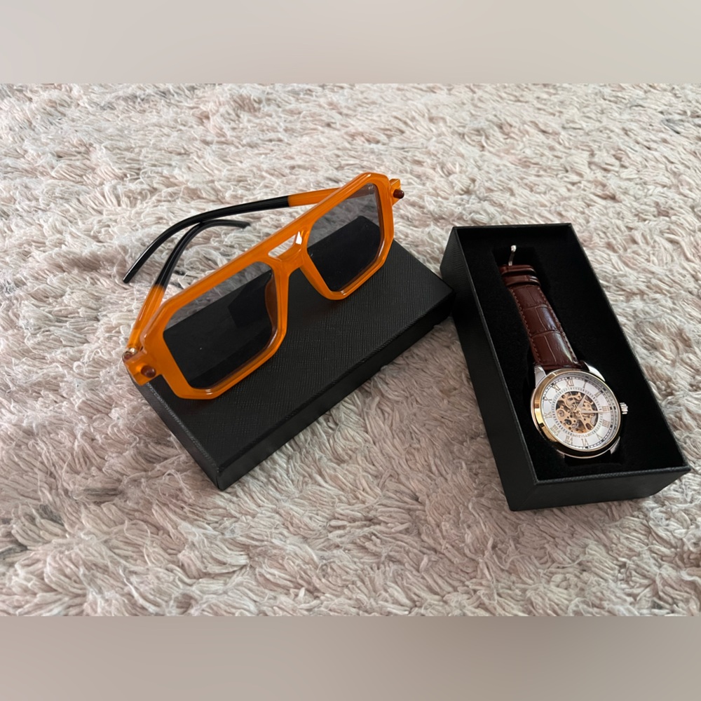 Orange Sunglasses and Brown Leather Watch Set